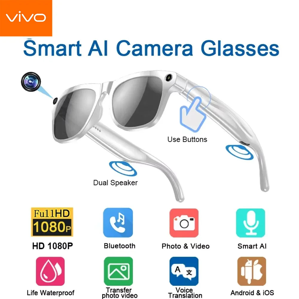 Lunettes intelligentes VIVO 8K HD AI avec Chat GPT, caméra 150 MP, appels Bluetooth et commande vocale. Lunettes connectées pour hommes et femmes.