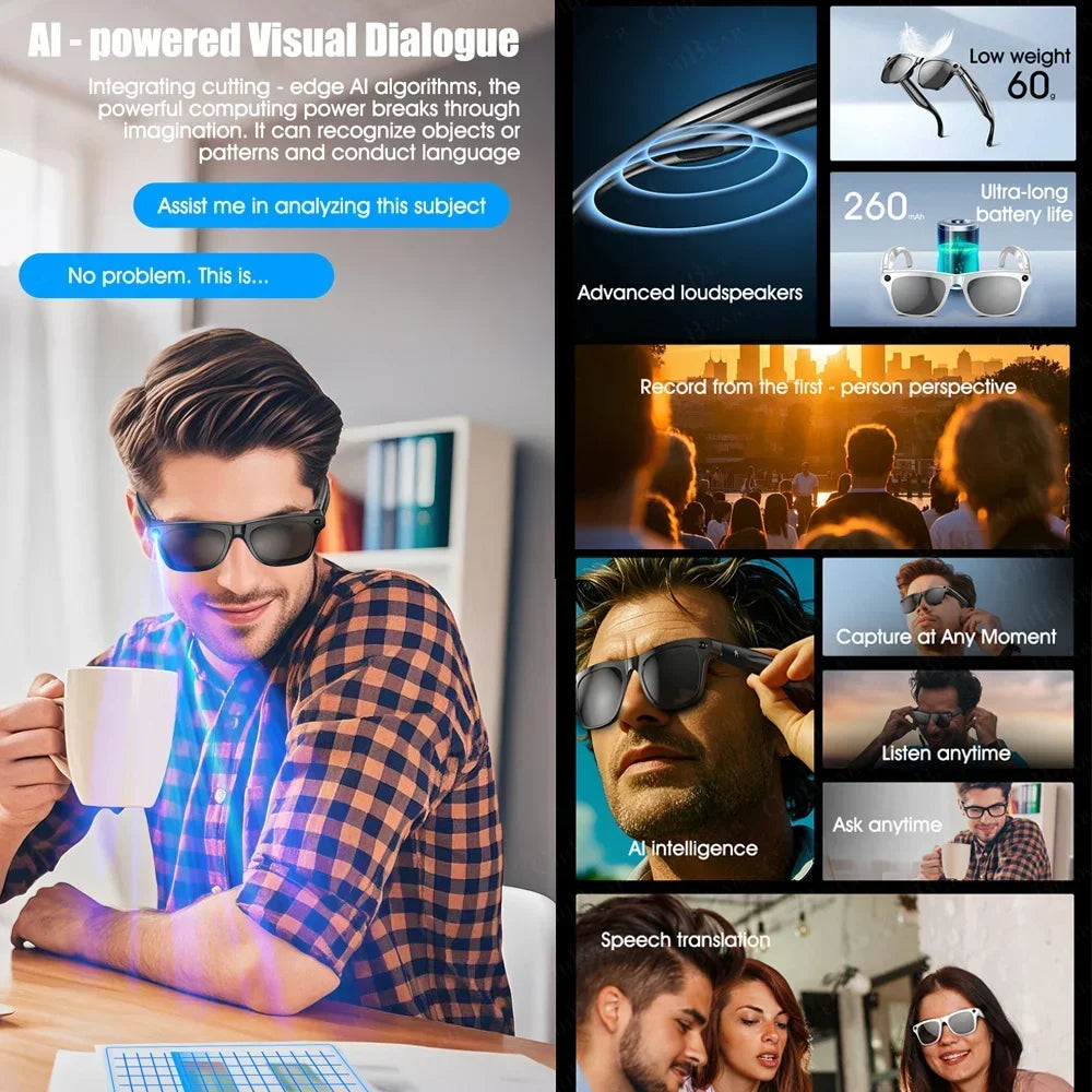 Lunettes intelligentes VIVO 8K HD AI avec Chat GPT, caméra 150 MP, appels Bluetooth et commande vocale. Lunettes connectées pour hommes et femmes.