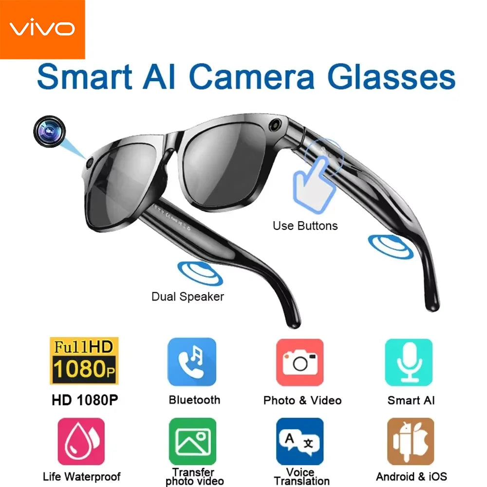 Lunettes intelligentes VIVO 8K HD AI avec Chat GPT, caméra 150 MP, appels Bluetooth et commande vocale. Lunettes connectées pour hommes et femmes.